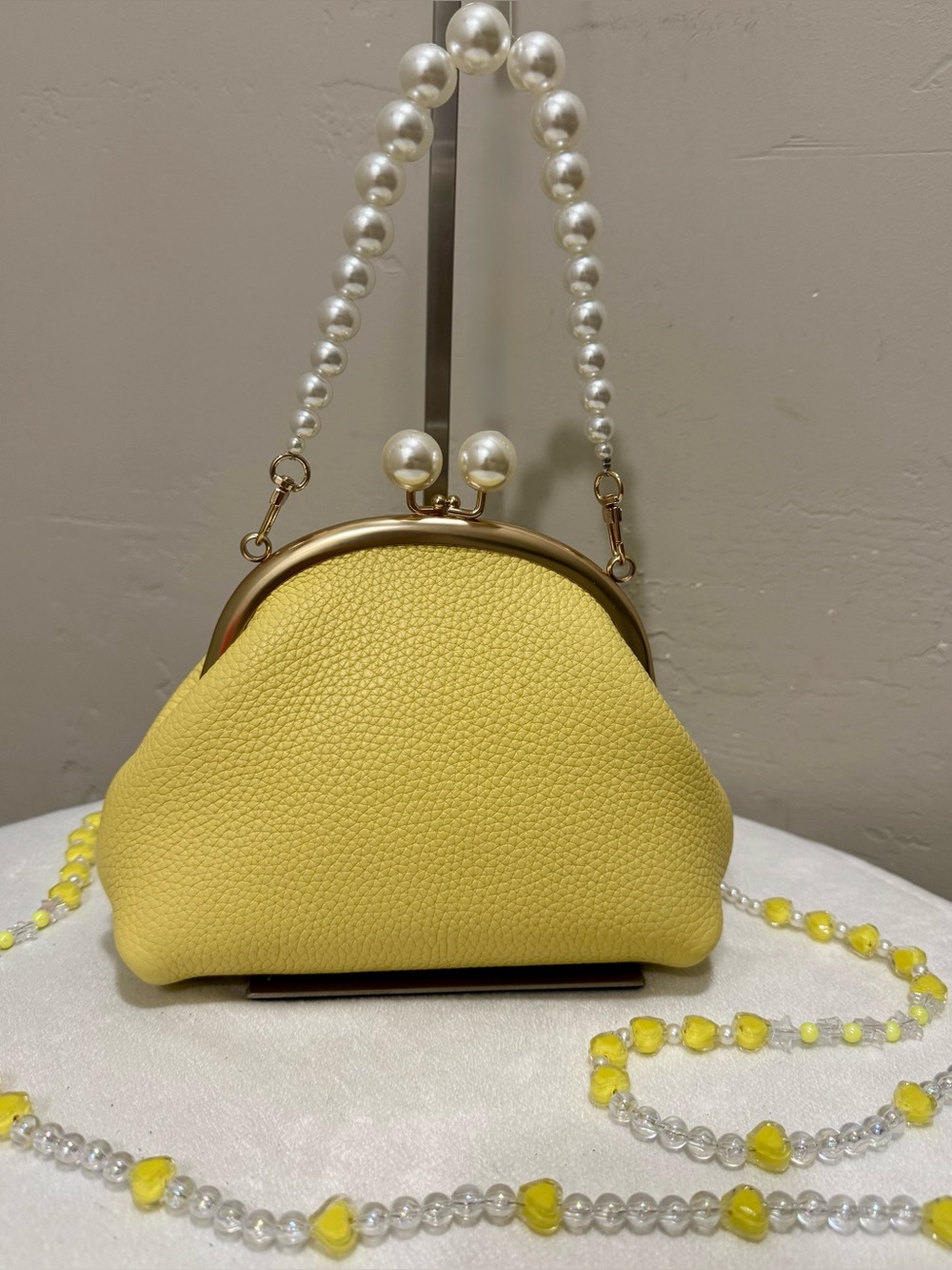 Yellow Togo Calfskin Handmade Vintage Kisslock Clutch, Wristlet, Crossbody